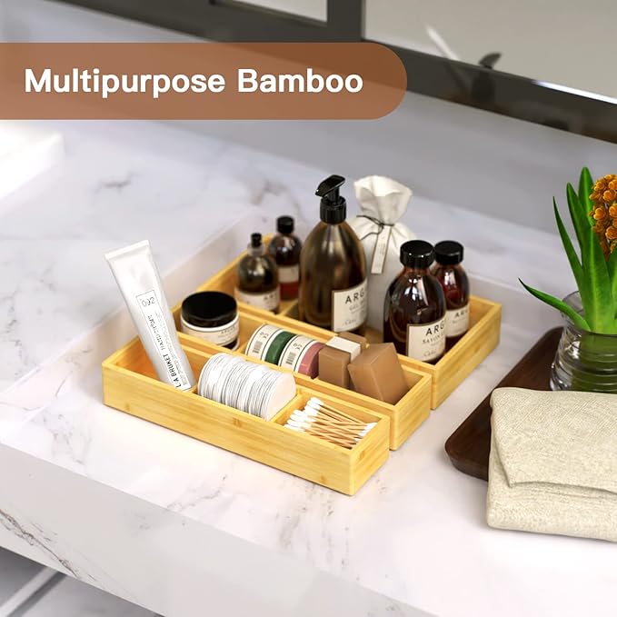 DUJEN Bamboo Drawer Organizer 12.5'' X 12.5'' X 2'', Adjustable 3 Individual Junk Drawer organizer for Bathroom and Kitchen, Wood Drawer Tea Organier Boxes for Silverware, Make up and Tea Bag