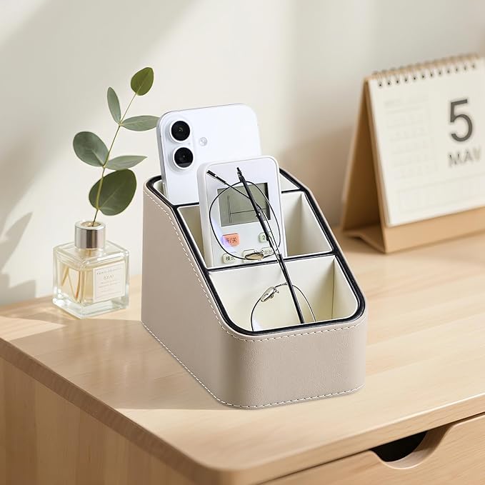 PU Leather Remote Control Holder, Small Desk Organizer Office Supply Bedside Caddy for Nightstand End Table Couch, Pen Remote Organizer with 3 Compartments (Beige)