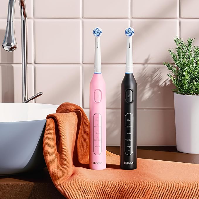 Bitvae Rotating Electric Toothbrush 2 Packs for Adults and Kids, 8 Brush Heads 60-Day Battery Life, 5 Modes Power Toothbrush with 2-Minute Smart Timer, Black & Pink, R1