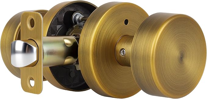 Antique Brass Privacy Door Knobs Interior with Lock, Old Style Round Door Knob Vintage Door Handle for Bedroom Bathroom Lockable Door Knob