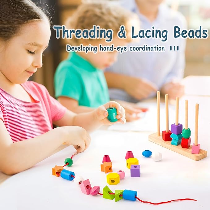 Montessori Toys Bead Sequencing, Wooden Lacing Beads & Matching Shapes Colors Stacking Toy for 2 3 4 5 Year Old, Toddlers Preschool Learning Fine Motor Skills Toys