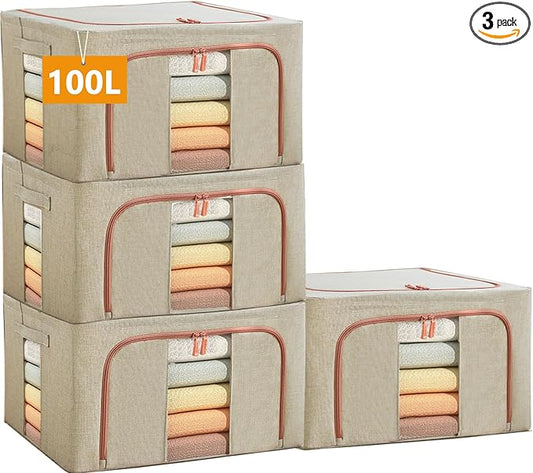 100L Large Storage Bags,Linen Stackable Clothes Storage Bins with Hold Shape Metal Frame,2 Opening Ways Fabric Visible Lidded Foldable Closet Organizers for Seasonal Clothing,Bedding (3, 100L)