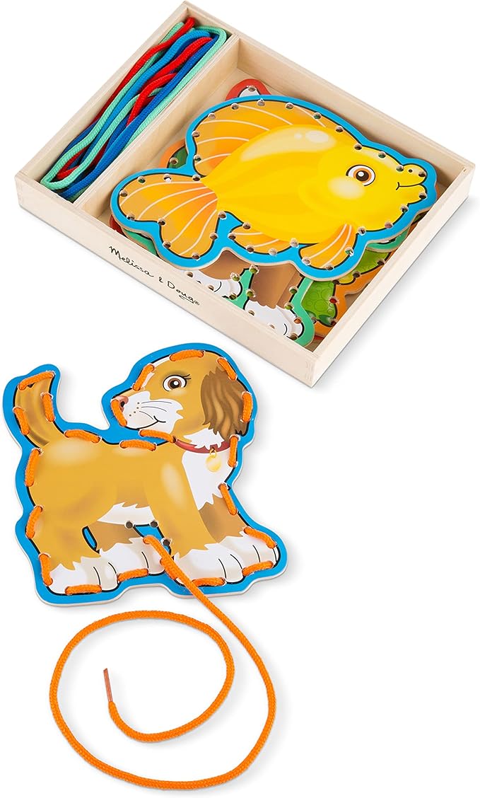 Melissa & Doug Lace and Trace Activity Set: Pets - 5 Wooden Panels and 5 Matching Laces - Lacing Toys For Toddlers, Fine Motor Skills Threading Cards For Preschoolers And Kids Ages 3+