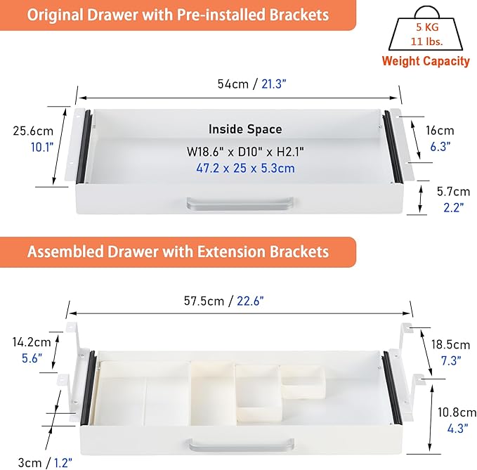 OSteed Under Desk Drawer White 21" with 4 Divider Trays, Under Shelf Pencil Drawer Pull-out, Standing Desk Metal Storage Attachment Slide Out for Workbench