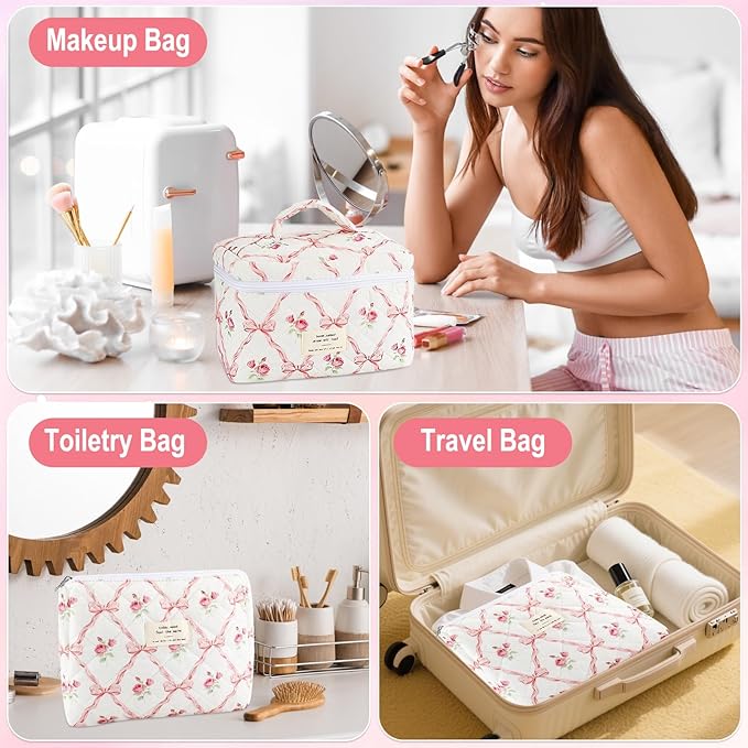 URSKYTOUS 3Pcs Makeup Bag Quilted Cosmetic Bag Set Bow Travel Large Makeup Pouch for Women Cute Portable Cotton Toiletry Bag Skincare Organizer Coquette Vintage Travel Essential