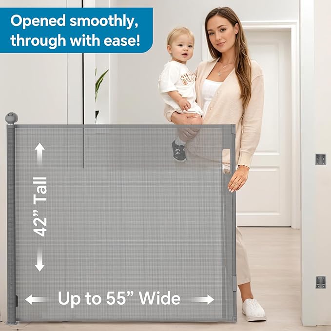 Bulubaky Extra Tall Safety Retractable Baby Gate Adjustable Wide Retractable Dog Gate Mesh Baby Gate Child Gate for Doorway, Hallway, Stair Gates for Kids or Pets (Grey, 42" Tall x 55" Wide)