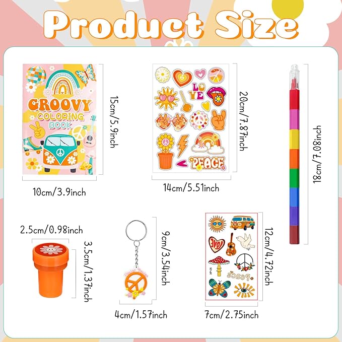 72 Pcs Groovy Coloring Book with Crayons Bulk,Retro Hippie Daisy Flower Party Favors Goodie Bags Fillers,Rainbow Boho Birthday Party Supplies Face Stickers Tattoo Prizes Gift for Groovy Party