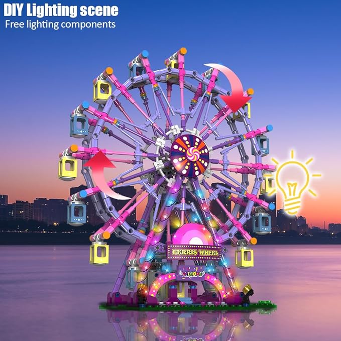 Rotating Ferris Wheel Building Blocks Kit with Lights Amusement Park Building Construction Toys Set for 6+ Year Boys Girls Birthday Gift, for Children 813pcs