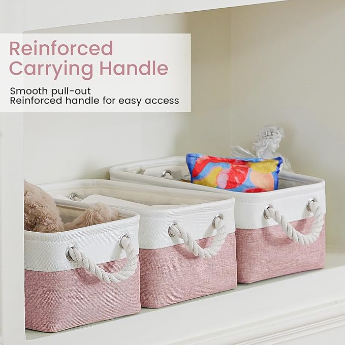 VQRTEXA Storage Baskets for Shelves 11.8x7.9x5.2 Inch, Foldable Fabric Storage Bins with Handles, Small Storage Baskets for Organizing Closet, Bathroom, Office, Home Organization (1-Pack, White&Pink)