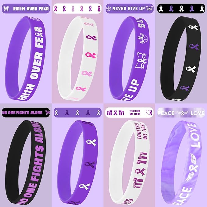 JUNEBRUSHS 42pcs Purple Ribbon Awareness Accessories Silicone Bracelets Hope Faith Courage Wristbands for Lupus Domestic Violence Epilepsy Pancreatic Cancer Alzheimers Awareness Party Supplies
