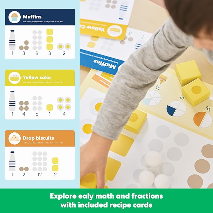 KiwiCo Bake-a-Cake Stand Mixer: Kids Baking Set Ages 3+ | Learn Early Math with Wooden Kitchen Play Set | Includes Cake, Stand Mixer, Measuring Spoons, Flour, Sugar, Play Mat, and Recipe Cards