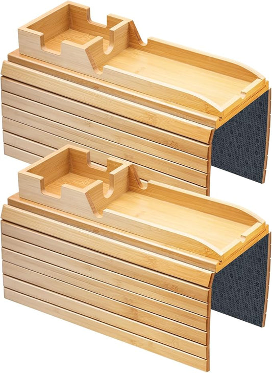 FUNKYLEE Bamboo Couch Armrest Table, Couch Arm Tray with Removable Couch Cup Holder, 2 in 1 Design Foldable Anti-Slip Bamboo Sofa Arm Tray for Remote Controls, Phones, Cups and Snacks - 2pcs