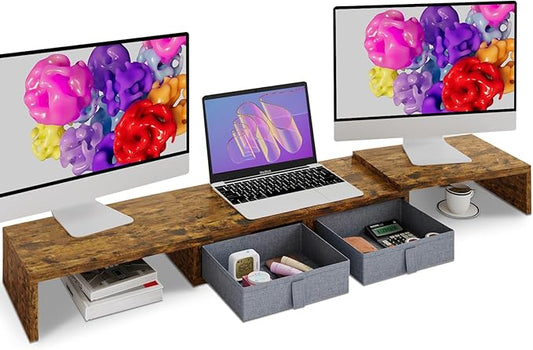 TEAMIX Dual Monitor Stand Riser - Length and Angle Adjustable White Monitor Stand with 2 Drawers to Storage Large Computer Riser for 2 Monitors/Laptop/PC, Wood Screen/TV Stand Desk Organizer (Brown)