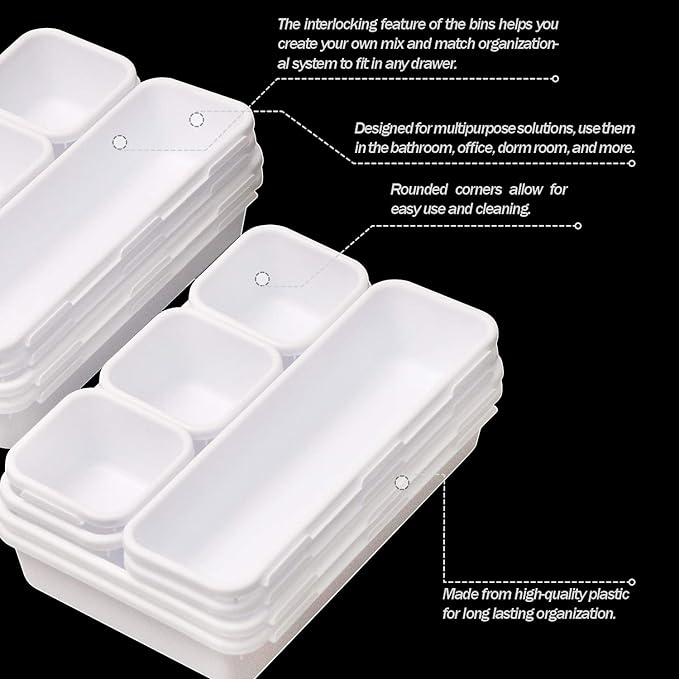Set of 22 Interlocking Desk Drawer Organizer Tray Dividers Plastic Shallow Narrow Drawers Organizers Separators Storage Bins Container for Kitchen Bathroom Makeup Office Vanity Bedroom Dresser White