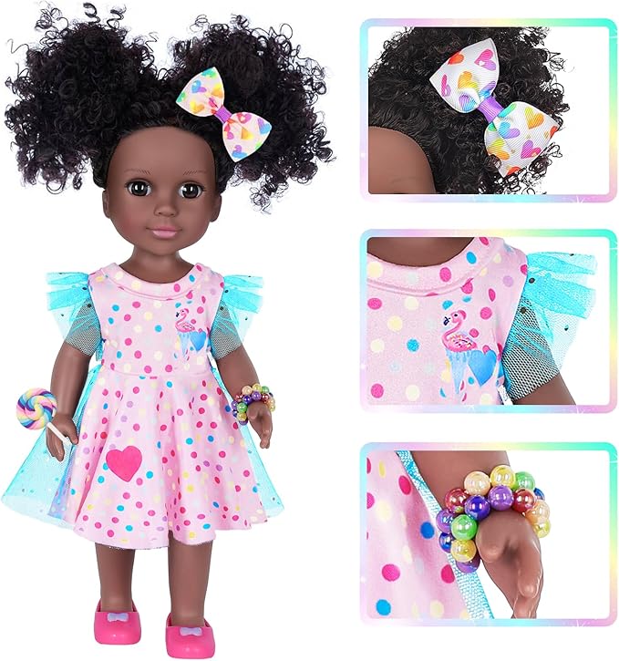 Black Dolls 14.5 Inch Baby Girl Doll with Clothes and Accessories,African Girl Baby Doll Gift for Girls Kids with Doll Pink Flamingo Theme Dress,Camera,Sunglasses Etc