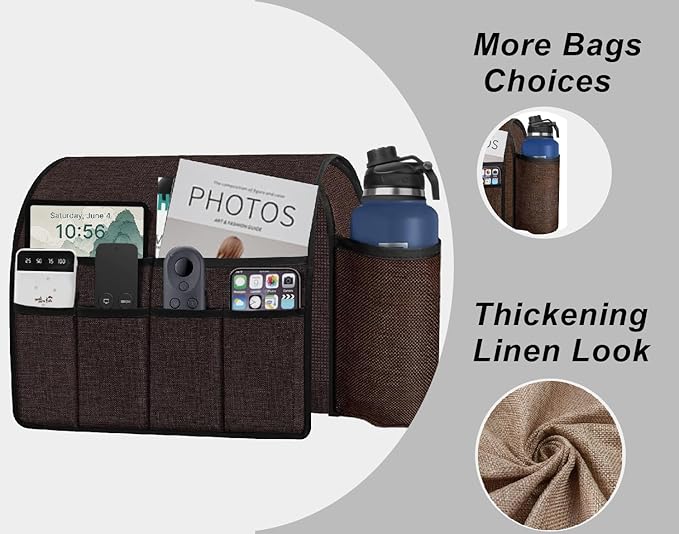 Ntomtuex Sofa Armchair Caddy Remote Control Holder with Water Bottle for Couch Recliner, Armrest Organizer with 7-Pocket Design for Magazines, Eyeglasses, iPad, Phone, Chocolate