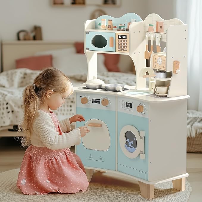 Ktaxon Wooden Play Kitchen with Coffee Maker, Pretend Kitchen Playset for Kids with Toy Washing Machine, Oven, Microwave & Cooking Set Accessories for 3+ Years