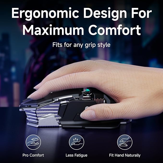 EWEADN G5 Wireless gaming mouse, 12800 Adjustable DPI RGB Mouse with 6 Backlit Modes, Rapid Fire Key, 9 Programmable Macro Buttons, Rechargeable Bluetooth Mouse for PC/Mac/Laptop - Black