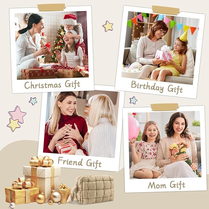 Puffer Quilted Makeup Bag Cosmetic Bags,Puffy Travel Toiletry Pouch for Women,Cute Checkered Zipper Bag Travel Essential,Portable Aesthetic Make up Organizer Bag for Gifts Work Daily(Khaki,S)