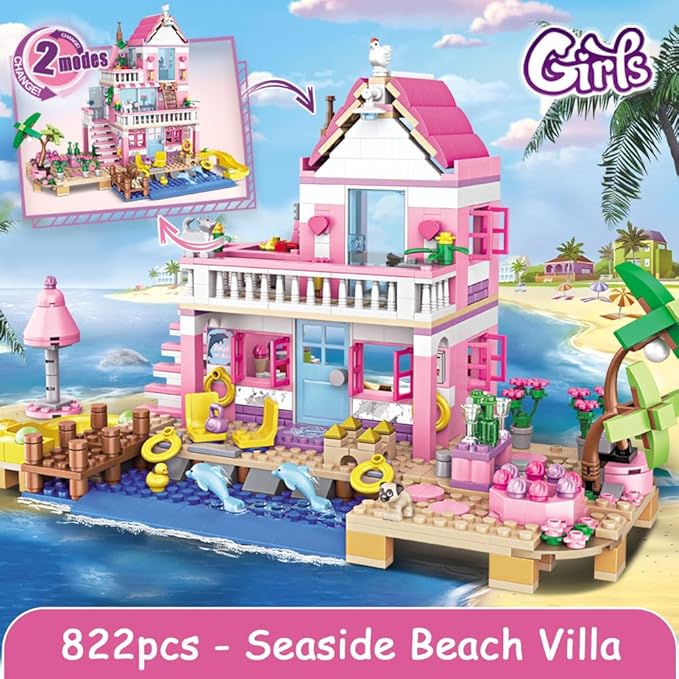 Girls Seaside Beach Vacation Villa Building Sets, Girls Holiday Cottage, Creative Dream House Building Blocks Kit Compatible with Lego Friends Construction Educational Toys for Kids Age 6-12+, 822pcs