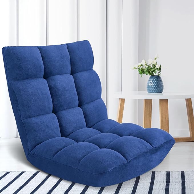 Folding Floor Chair 14-Position Cushioned Adjustable Floor Lazy Sofa Chair w/Breathable Cotton & Skin-Friendly Flannel for Adults & Kids Ideal for Reading Meditating, Navy