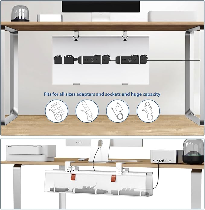 Zilink Under Desk Cable Management 30" No Drill Desk Cable Management Tray Clamp/Screw Mount Cable Tray Sturdy Waterproof Fabric Cord Organizer for Office, Home, White