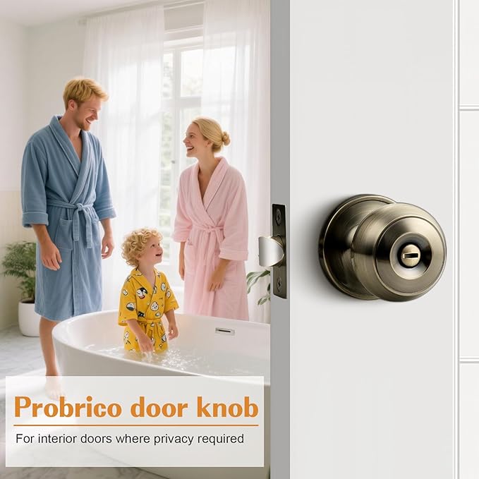 Probrico Bed/Bath Keyless Privacy Interior Door Knobs, Antique Brass Door Knobs 1 Pack