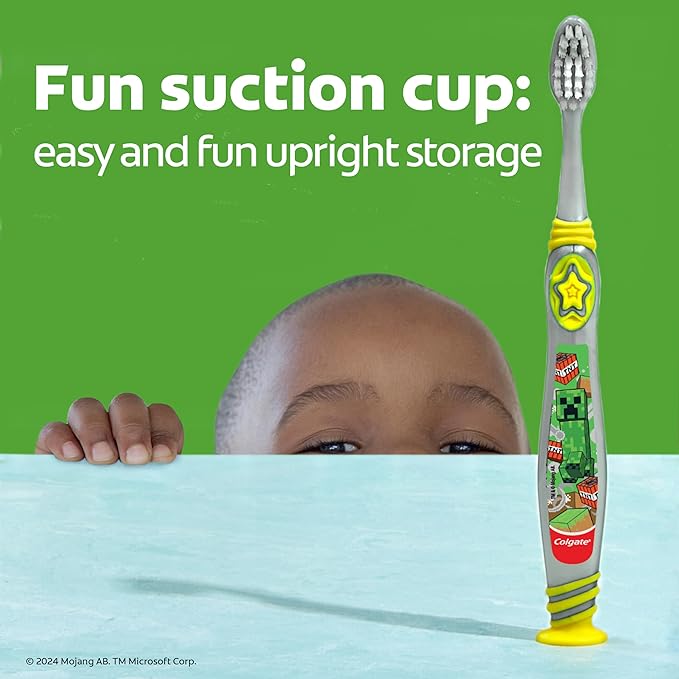 Colgate Kids Minecraft Toothbrush Pack, Extra Soft Toothbrushes for Kids, Includes Built-in Suction Cups for Easy Upright Storage, for Kids with Baby Teeth and Adult Teeth, 2 Count