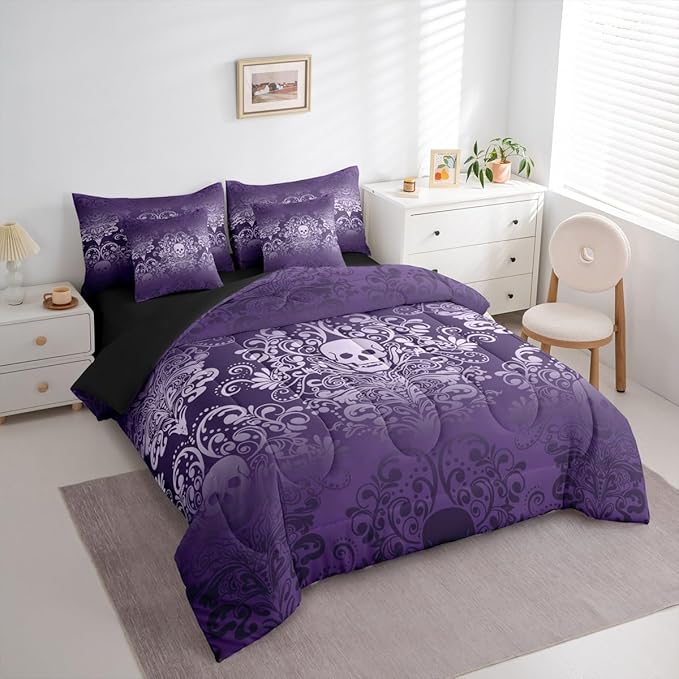 Feelyou Gothic Skull King Comforter Set with Sheets for Kids Boys Girls Damask Print 7 Pieces Bedding Set Goth Bohemian Bed in a Bag Purple Room Decor Soft Lightweight Microfiber