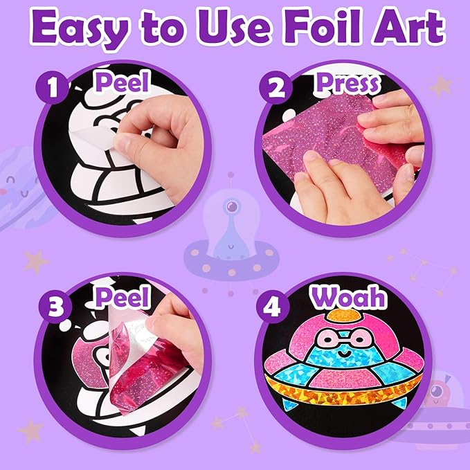 Foil Art Craft Activity for Kids: Fun DIY Toy Sticker Kit, No Mess Creative Travel Supply Set, Idea Birthday Easter Basket Stuffers Valentines Gift for Girl Boy Toddler 4 5 6 7 8 9 Year Old（Space）