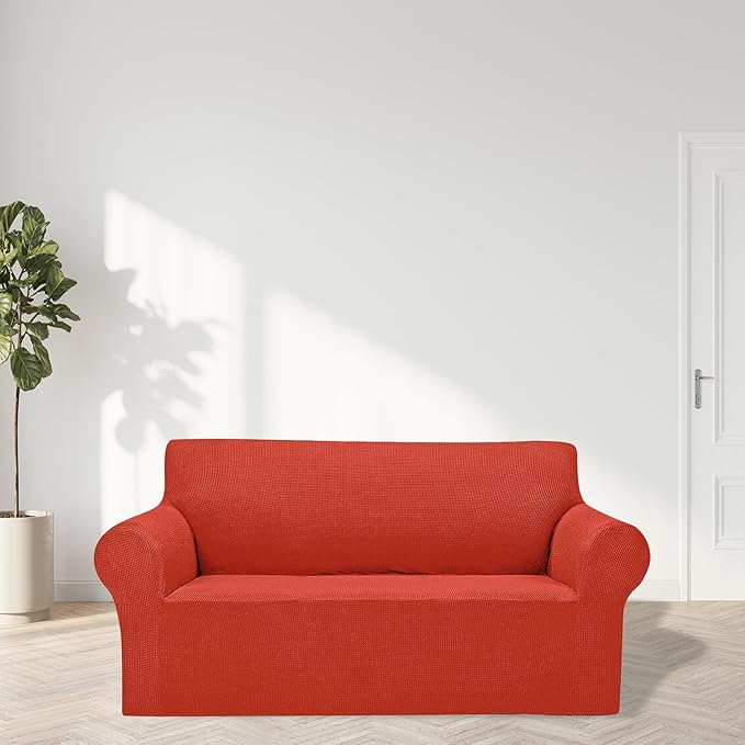 2025 New Stretch Loveseat Sofa Slipcovers Couch Cover for 2 Cushion Furniture Protector Sofa Covers with Elastic Bottom Jacquard Fabric Small Checks for Pets, Kids - Pureed Pumpkin