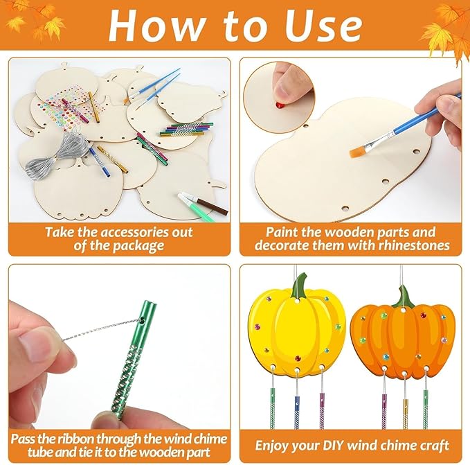 gisgfim 16 Pack Thanksgiving Pumpkin Wind Chime Crafts Kits for Kids Make Your Own Pumpkin Wind Chime Wooden DIY Arts and Crafts for Fall Party School Classroom Decorations Supplies Birthday Favors
