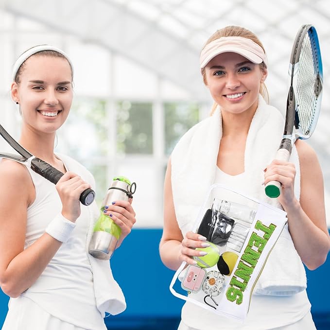 BuyCard 2 Pcs Tennis Gifts Cosmetic Makeup Bag with Chenille Letter Patch, Clear Pouch PVC Organizer Purse, Waterproof Travel Bag, Portable Toiletry Storage Bag for Her Girls Friends Women