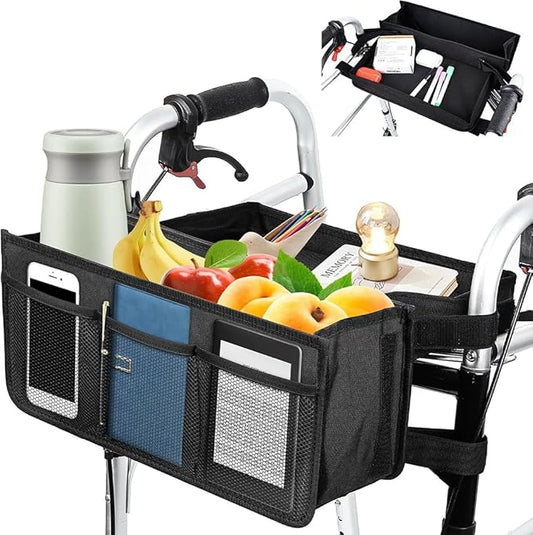 Wheelchair Carry Bag Arm Rest Pouch Rollator Walkers Knee Scooters Storage Organizer Elderly Seniors Water Cup Holder Foldable with Big Capacity