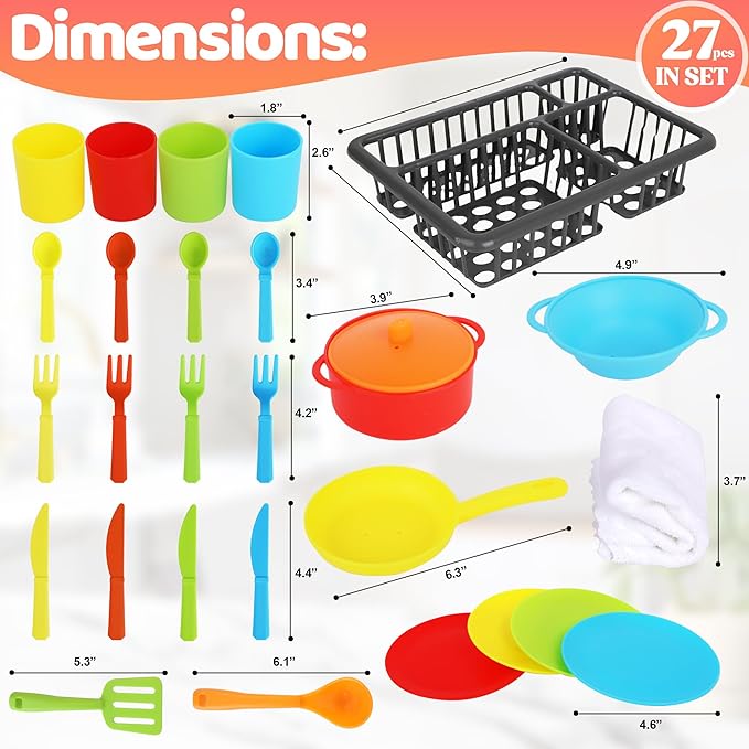 Kids Play Dishes with Drainer - 27PC Tableware & Pretend Kitchen Accessories, Plastic Play Set - Durable and Colourful for Children Ages 3+