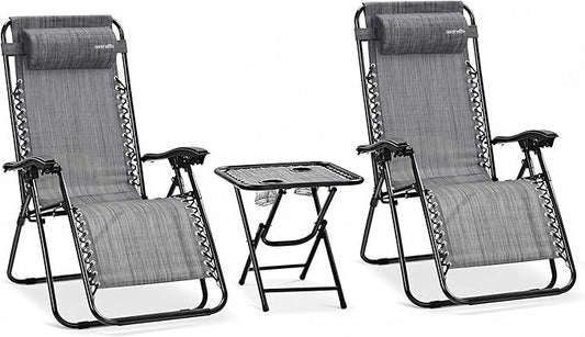 SereneLife Outdoor Zero Gravity Lounge Chair Set with Table – 2 Adjustable Recliners with Cup Holders, Headrest, Steel Frame & Foldable Design for Patio, Pool, Garden, or Camping