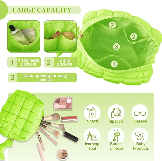 Puffer Quilted Makeup Bag Cosmetic Bags,Puffy Travel Toiletry Pouch for Women,Cute Checkered Zipper Bag Travel Essential,Portable Aesthetic Make up Organizer Bag for Gifts Work Daily(LightGreen,S)