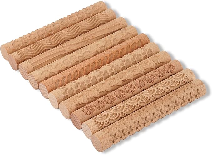 Lzttyee Set of 10 Wooden Handle Pottery Tools Clay Modeling Pattern Rollers Kit Brown (Set of 10)