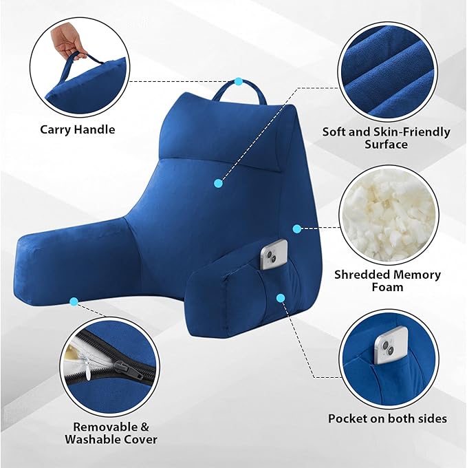 Back Pillow for Bed Sitting up, Reading Pillow for Sitting in Bed Adult, Back Support Pillow, Memory Foam Sit up Lounge Backrest Pillow with Arms for TV, Couch, Chair, Dorm, 18 Inch, Navy Blue