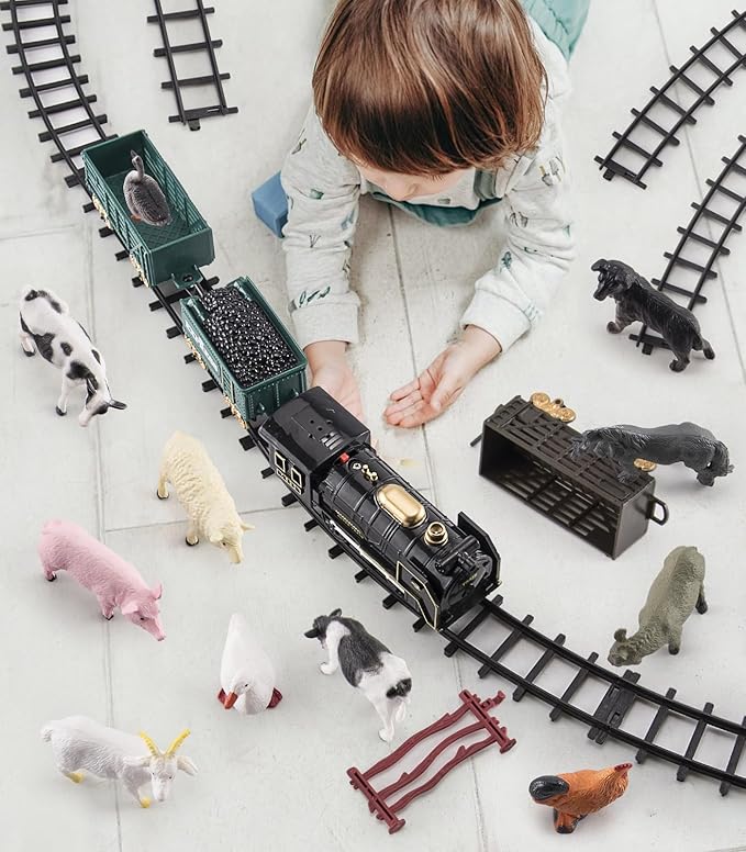 Farm Toy Train Set, Electric Steam Train Engine with Light & Sound, Include 12 Animal Figures, Miniature Toys for Kids, Cake Topper Bulk Toddler Stocking Stuffers Gift for 3 Year Old & Up Boy Girl