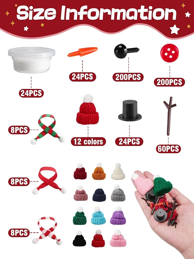 Cosweet 24 Pack Christmas Snowman Crafts Kit for Kids- Build a Snowman Kit with Air Dry Clay Xmas Stocking Stuffers Gift for Party Favors Winter Activities DIY Crafts Sewing