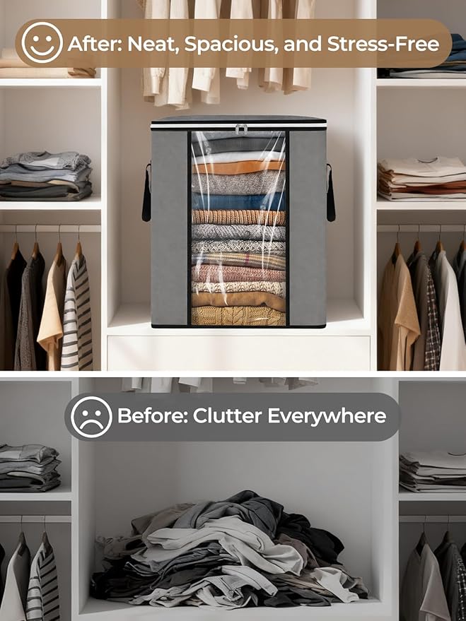 120L Extra Large Blanket & Clothes Storage Bags for Bedding & Comforters & Pillow–Foldable Thick Waterproof Fabric with Clear Window,Dual Zippers & Sturdy Handles,3 Pack Seasonal Organization