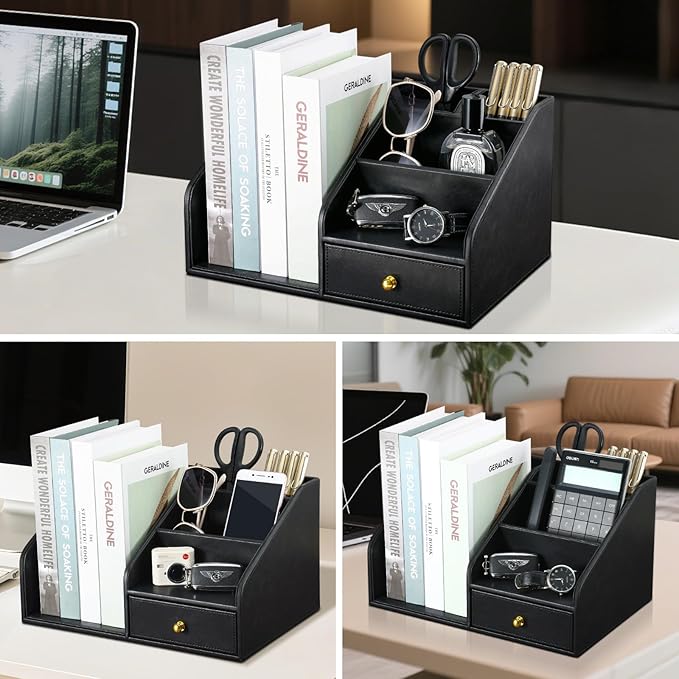 KINGFOM PU Leather Desk Organizer, Multifunction 6 Compartment Desk Organizers and Accessories for Office Supplies, Pen Pencil Holder/Book Mail Organizer Holder for Desk with Drawer(Black)