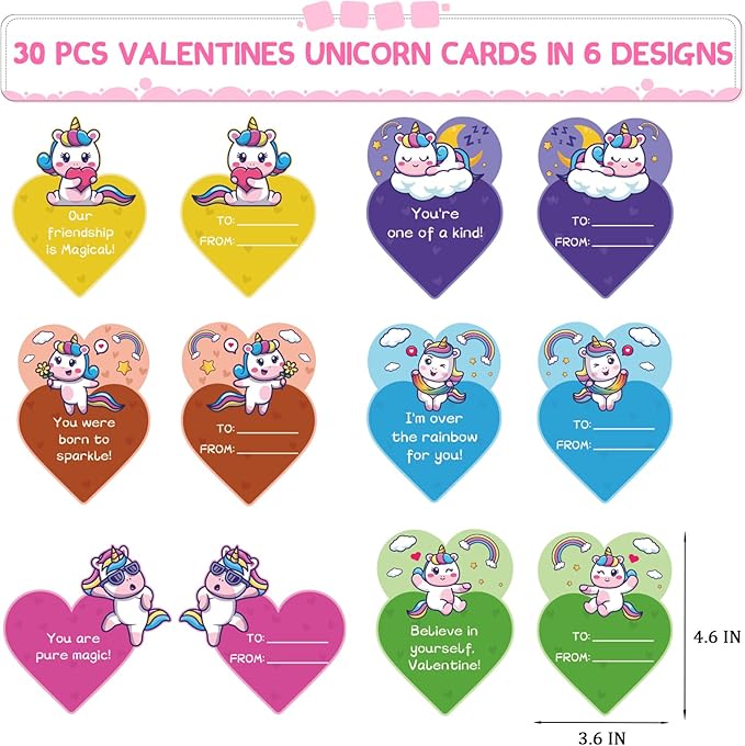 30 Pack Valentines Day Gifts for Kids, Unicorn Slap Bracelets Party Favor Set with Valentines Greeting Cards for Kids, Valentine's Day School Prize Party Favor, Classroom Exchange Gift