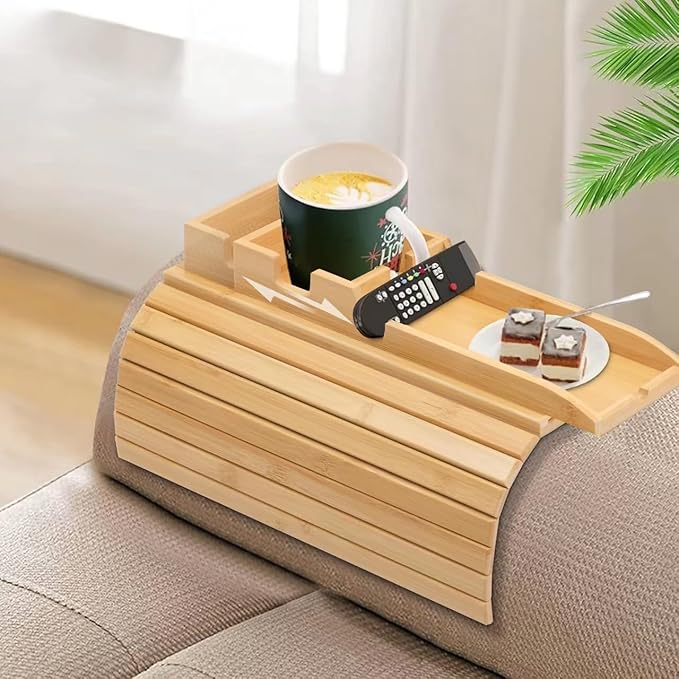 Bamboo Couch Cup Holder, Foldable and Anti-Slip Sofa Arm Table with Detachable Sofa Arm Organizer Tray, Portable 2 in 1 Sofa Armrest Tray for Drink, Coffee, Cup, Remote, Snacks, Cellphone, Glasses