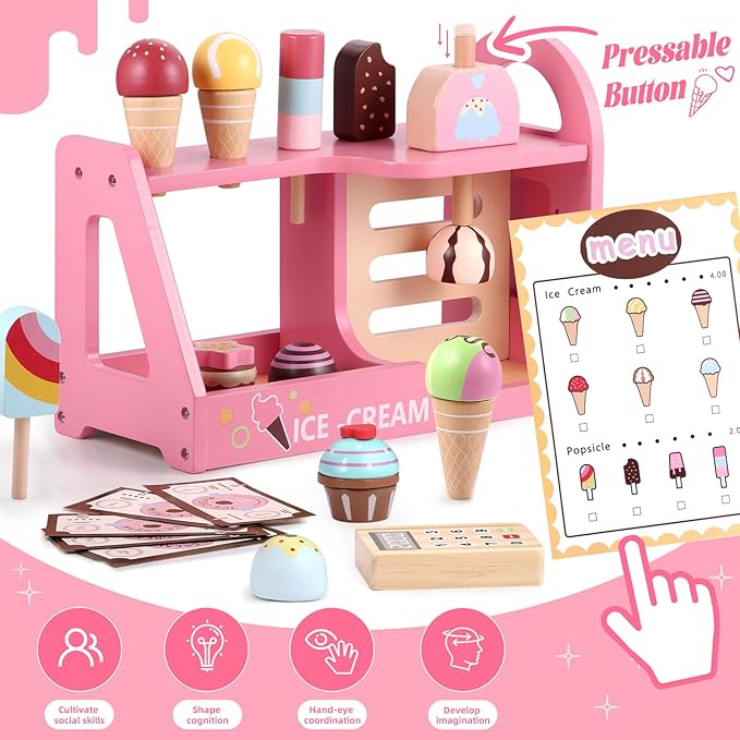 GAGAKU Wooden Ice Cream Play Set for Kids Pretend Play Food Wooden Ice Cream Set Shop Play Kitchen Accessories with Menu and Cash Role Play Toys Gifts for Toddler 3 4 5 6 7 8 Years Old Girls and Boys