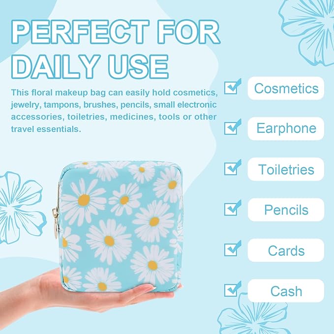 UIXIZQ Waterproof Mini Floral Makeup Bag Pouch for Purse,Nylon Flower Cosmetic Travel Bag Small Preppy Toiletry Organizers Bag for Women Girl,Cute Zipper Pouch Coin Purse for Work(Mini Blue-Daisy)