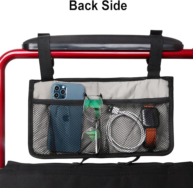 Wheelchair Side Bag, Armrest Storage Pouch with Cup Holder and Reflective Strip for Wheelchairs, Walkers or Rollators (Gray)