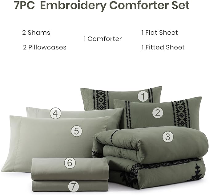 MaiRêve Embroidery Comforter Set, Boho Farmhouse Western Bedding Set, All Season Bed in A Bag Comforter Set with Sheets, Pillowcases & Shams, Olive Green Queen 7 Pieces