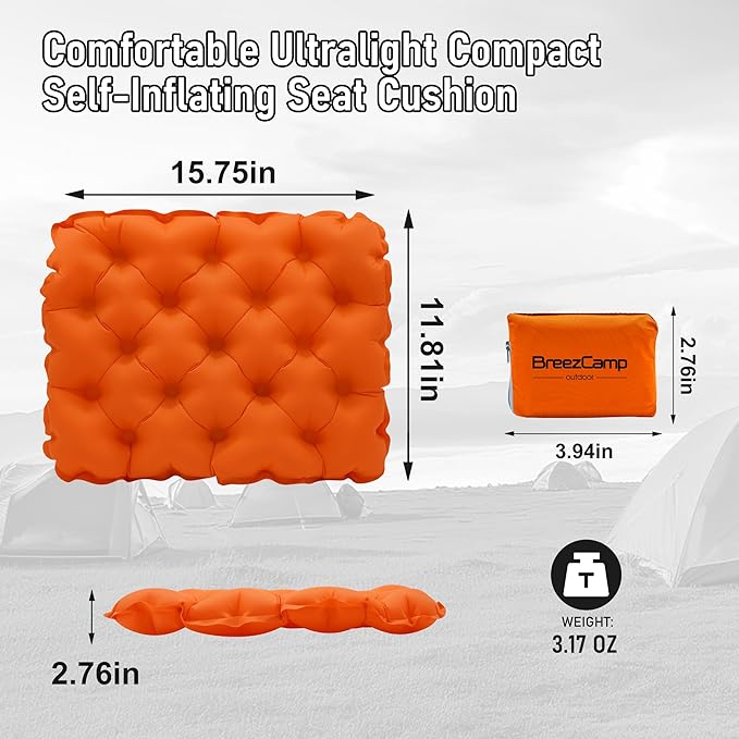 BreezCamp Inflatable Seat Cushion, Lightweight Stadium Seat Pad, Camping Accessories Chair Pad for Airplane Travel, Hiking, Climbing, Home and Office,Orange
